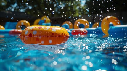 Poolside barbecue, splashing water, inflatable toys, wide shot, vibrant blues, fun and lively