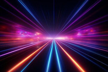 Vibrant neon light streaks in dark space