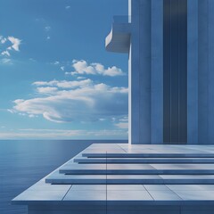 Fototapeta premium Minimalist Streamline Moderne Architecture: A Sweeping, Chrome-Trimmed High-Rise Silhouetted Against the Indigo Sky