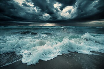 Stormy beach, dark clouds, crashing waves, dramatic lighting, low angle, intense and moody