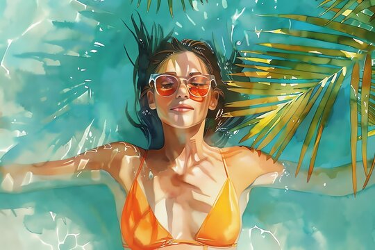 Sunbathing flat design front view leisure theme watercolor triadic color scheme