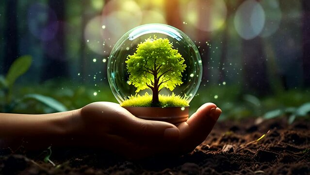 4k video animation hands holding a green tree