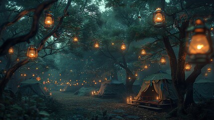 Twilight camp, lanterns hanging, tents set up, low angle, cool hues, peaceful and enchanting