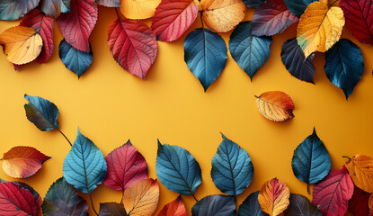 Frame made of colorful autumn leaves on an orange background, with space in the center for text or graphics.