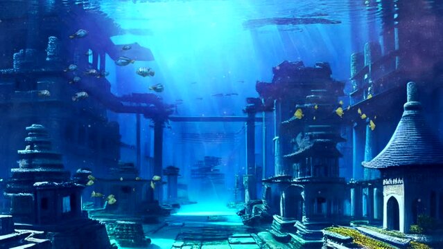 4k video animation underwater city with fish