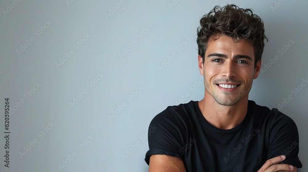 Sticker smiling handsome man in a casual black t-shirt with arms crossed