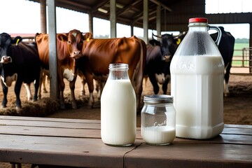 Fresh milk bottle and old can on the table in cowshed