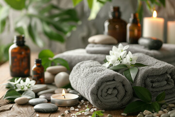 A tranquil spa setting featuring soft gray towels rolled up, aromatic essential oils in dark amber bottles, white lilies, stones, and a lit candle, all surrounded by lush greenery