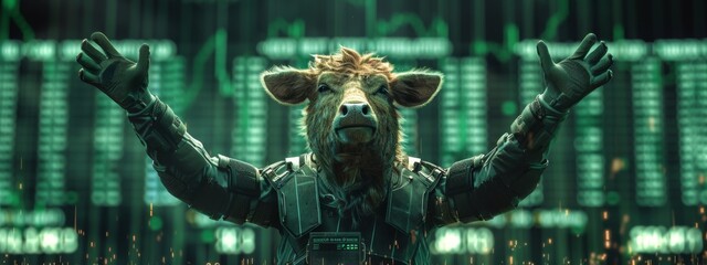 Fototapeta premium Elated Bull Wearing Suit Joyfully Raising Arms in Winning Pose, Celebrating Prosperous Bull Market with Surging Abstract Blue Stock Chart Background, Symbolizing Success and Dynamism of Financial Grow