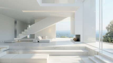 Modern home living room interior, white minimalist comfortable sofa couch chair, with stairs to the second floor in the background. large glass window.