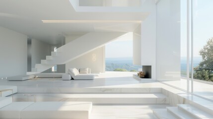 Fototapeta premium Modern home living room interior, white minimalist comfortable sofa couch chair, with stairs to the second floor in the background. large glass window.