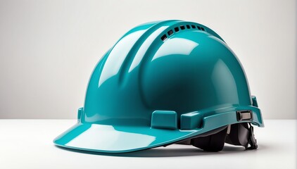 Fototapeta premium teal safety helmet on plain white background with copyspace from Generative AI