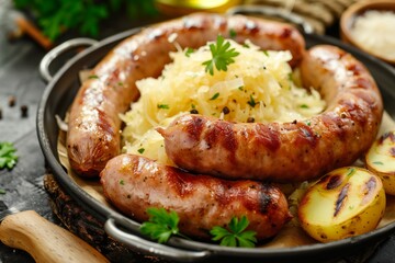 Grilled German sausages with sauerkraut and potatoes