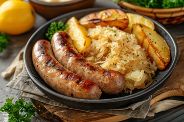 Grilled German sausages with sauerkraut and potatoes