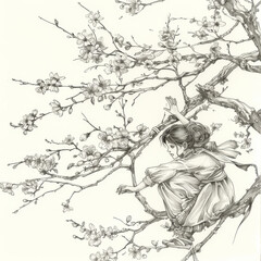 Cute little girl climb on tree pencil draw