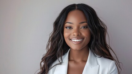 Obraz premium professional woman in a studio portrait, radiating happiness and confidence with a natural smile.
