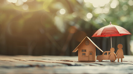 Family House and Car Protected by Mini Umbrella. insurance concept