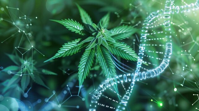 Bioinformatics Blend An abstract representation of a cannabis leaf intertwined with a DNA strand, with digital binary code and bioinformatics symbols surrounding them, highlighting the convergence of