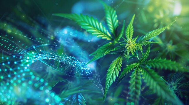 Bioinformatics Blend An abstract representation of a cannabis leaf intertwined with a DNA strand, with digital binary code and bioinformatics symbols surrounding them, highlighting the convergence of