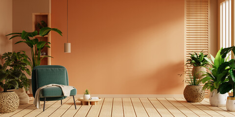 Home interior with an green armchair on empty orange wall background,Minimal room- 3D rendering