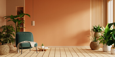 Home interior with an green armchair on empty orange wall background,Minimal room- 3D rendering © Vanitjan