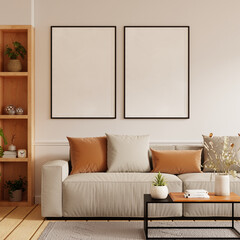 Mockup poster frame on the wall of living room with sofa and table on empty white wall background- 3D rendering