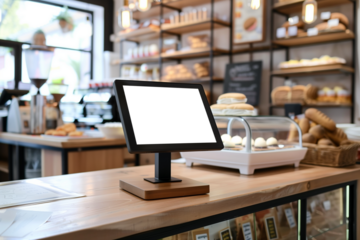 Cash register with blank monitor screen in organic bakery