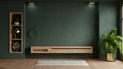 Living room with wood cabinet for tv on dark green color wall background- 3D rendering © Vanitjan