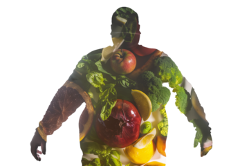Vegetables and fruit with fat man body pattern isolated on transparent background