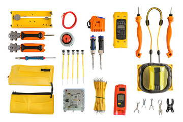 Top view of various electrical tools on a transparent background