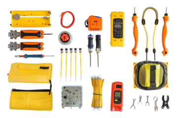 Top view of various electrical tools on a transparent background