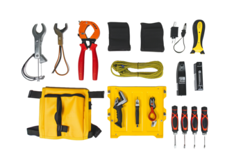 Top view of various electrical tools on a transparent background