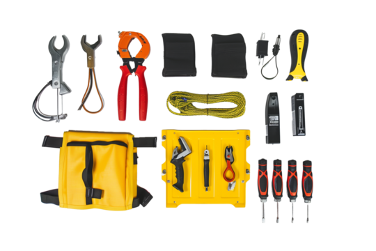 Top view of various electrical tools on a transparent background