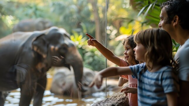 Family visiting a zoo, children excitedly pointing at animals, parents capturing moments on camera, sunny day