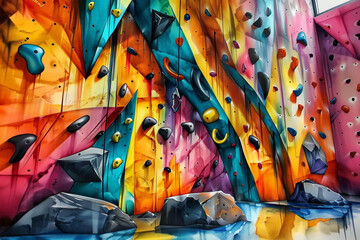 A colorful mural of a rock wall with a blue and yellow section