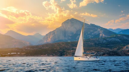 Sailboat in the sea in the evening sunlight over beautiful big mountains background, luxury summer adventure, active vacation