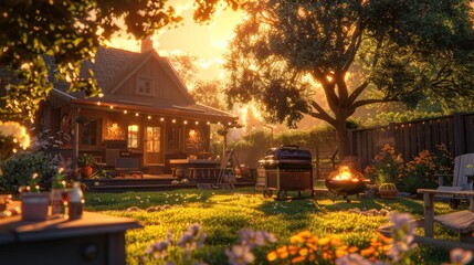 Fototapeta premium At sunset, a cozy backyard barbecue brings friends and family together.