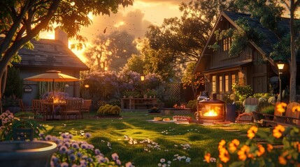 Fototapeta premium A large barbecue grill in a cozy backyard attracts friends and family at sunset.