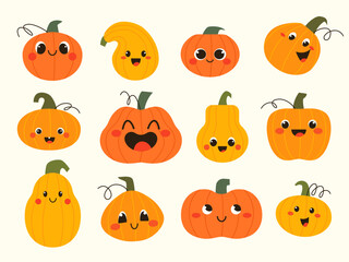 Vector set of cute cartoon pumpkins in flat style for Halloween, Thanksgiving, harvest, autumn season design