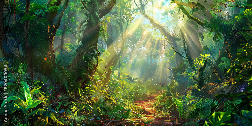 Wall mural green forest with towering trees and rays of sunlight filtering through the leaves, generative ai