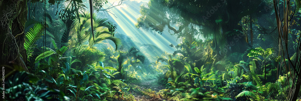 Wall mural green forest with towering trees and rays of sunlight filtering through the leaves, generative ai