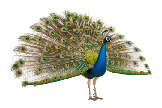 Peacock with vibrant feathers isolated on transparent background