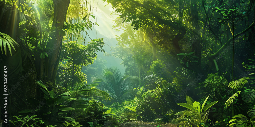 Wall mural green forest with towering trees and rays of sunlight filtering through the leaves, generative ai