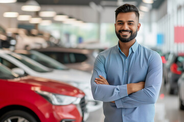 Confident Indian Car Salesperson in Modern Dealership