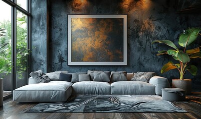 A modern living room interior with a stark contrast of minimalist design and a sleek aesthetic