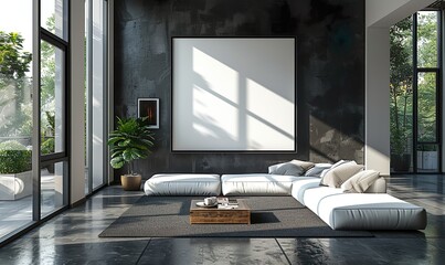 A modern living room interior with a stark contrast of minimalist design and a sleek aesthetic