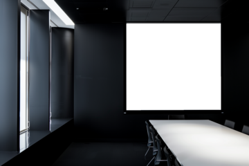 Big white screen in the black meeting room. Empty room for a conference, presentation or forum