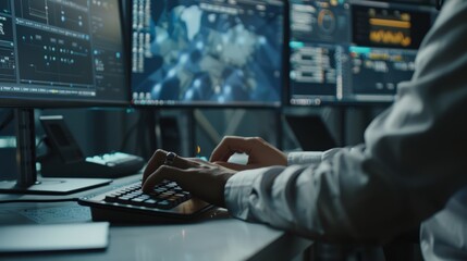 Proficient office specialist manages digital screens in modern control room, adeptly using keyboard and mouse.