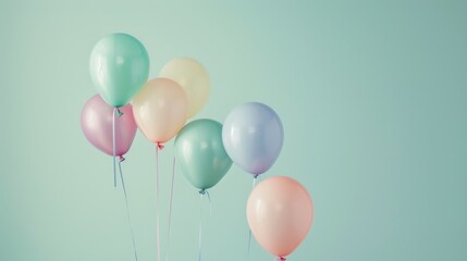 A serene scene of pastel balloons tied together, floating in front of a subtle pastel green background, evoking a sense of calm and happiness