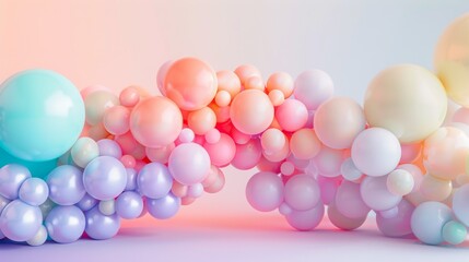 An array of pastel-colored balloons forming an arch, positioned in front of a soft pastel gradient background